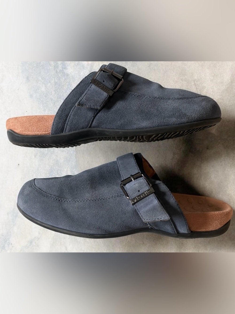 VIONIC Blue Suede Leather Slip Ons Mules Buckle Detail Size 10/10.5 - Picture 2 of 8